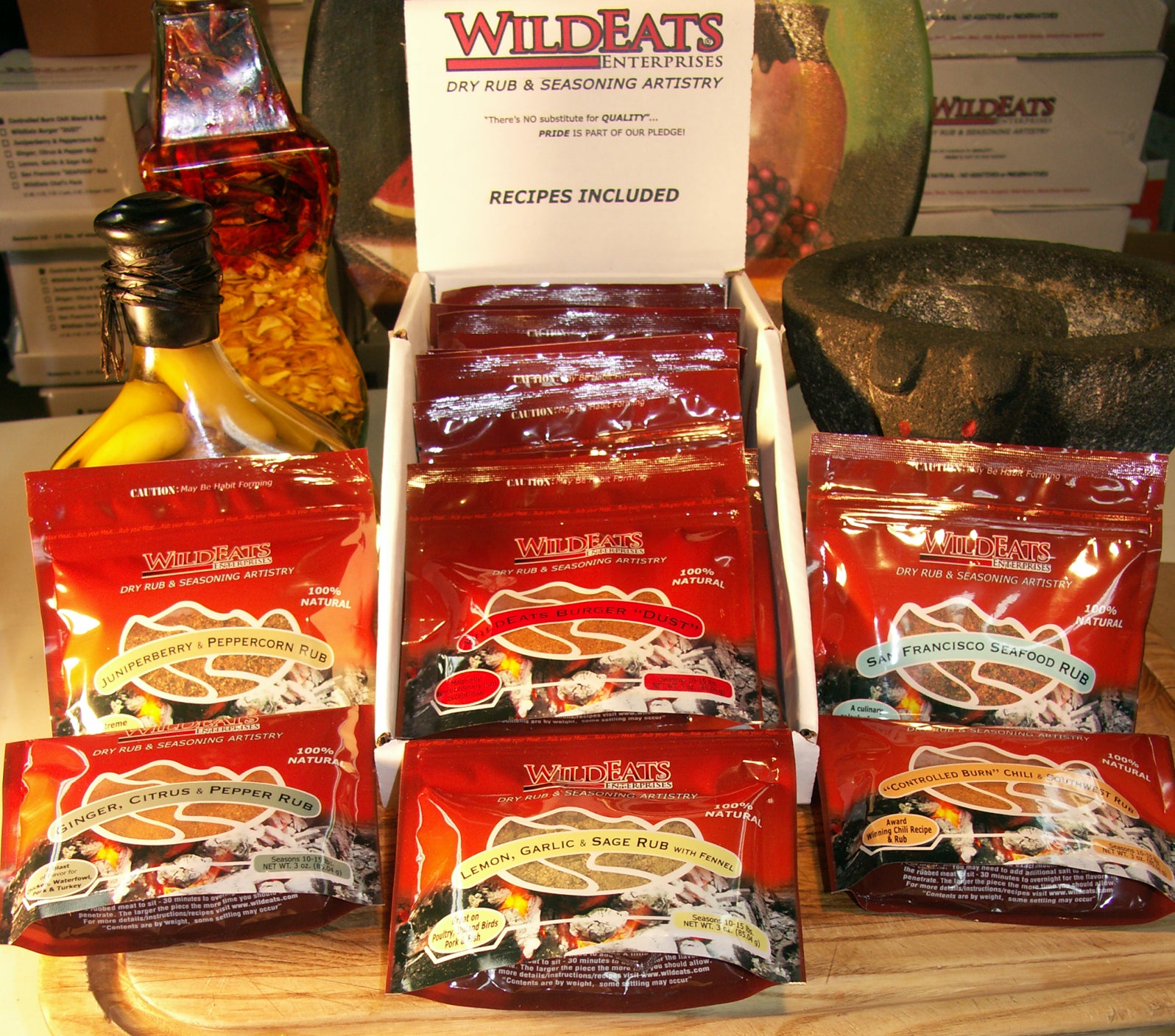 WildEats "CHEF's PACK" 15 Assorted 3 oz. packs per case Our WildEats Chef's Pack is the ultimate collection of seasonings. This assortment of Dry Rubs and Seasonings will Season every piece of meat or fish you can think of and then some.