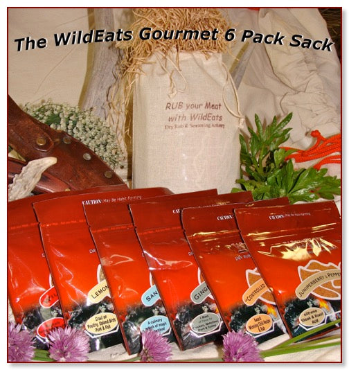The WildEats Gourmet Gift Pack! contains 1 each of our 6 Dry Rub and Seasoning Blends (total 18 ounces of seasoning, seasons 90 lbs of meat/fish) was $32.94  NOW $29.95 (plus shipping)  The Perfect Gift for the aspiring chef in your tribe or anyone who just appreciates the finer things in life...