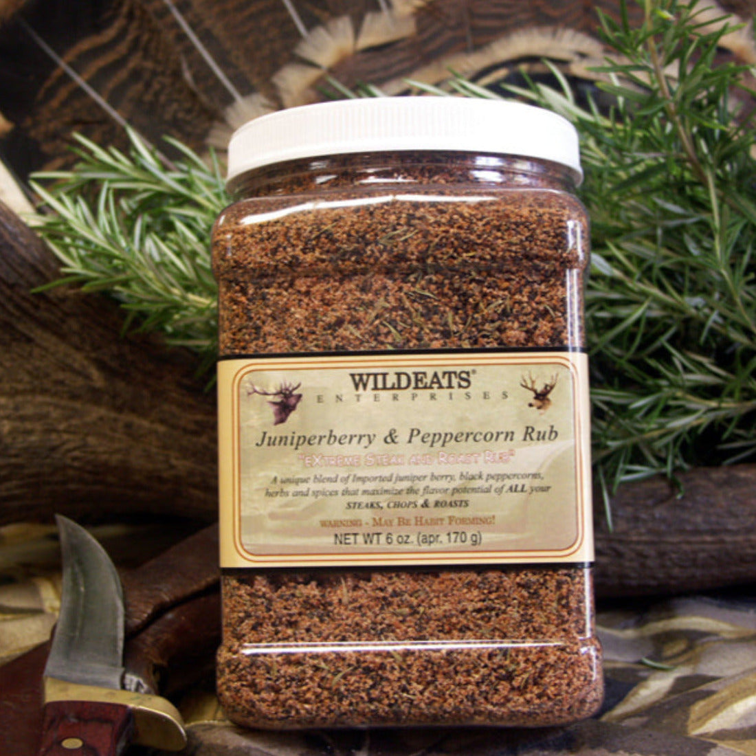 Juniperberry & Peppercorn Rub 40 ounce Our extreme steak and roast rub! The mother of ALL dry rubs... This is a robust, earthy blend that is designed to compliment the bold flavors of all full-flavored red meat. Beef, lamb, buffalo, venison, ducks and geese. Imported Italian juniper berries, tellicherry black peppercorns, herbs, sea salt and spices are used to achieve an addictive balance of flavor and complexity. Great for steaks, roasts or stews.  Includes Bonus Recipe